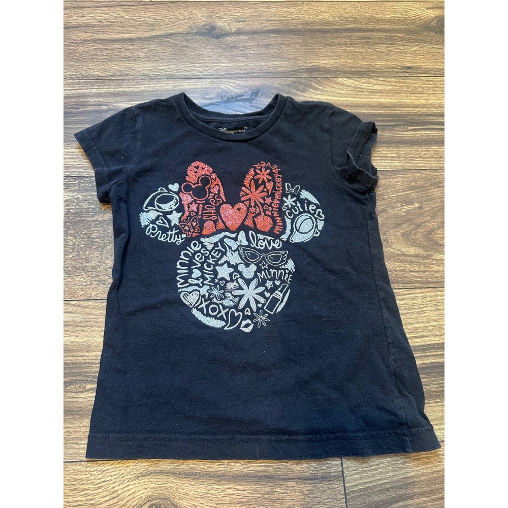 Disney Store Minnie Mouse Graphic T Shirt Kids Size S 5 6 Black Glitter Bow